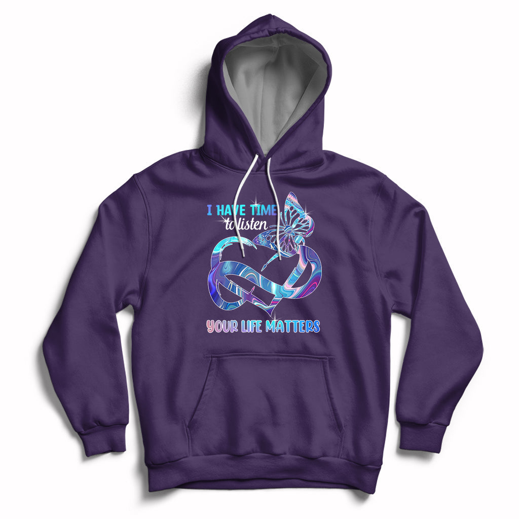 Purple suicide prevention hoodie with front heart-and-infinity graphic, hood and pouch pocket