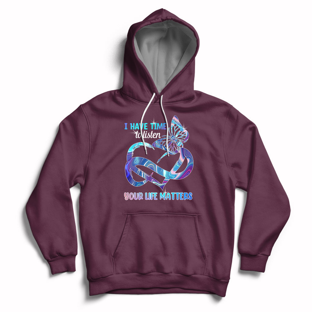 Maroon suicide prevention hoodie with front heart-and-infinity graphic, hood and pouch pocket