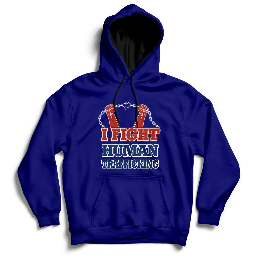Dark blue hoodie with front graphic text "I FIGHT HUMAN TRAFFICKING" and chain design