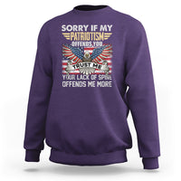 Purple crewneck sweatshirt with patriotic eagle graphic and offensive text print