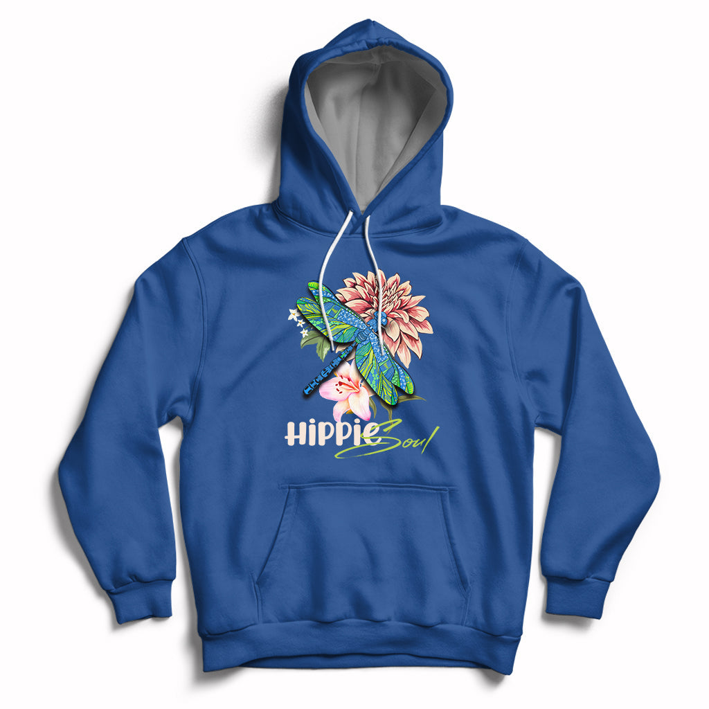 Royal blue hoodie with colorful dragonfly graphic and “Hippie soul” chest print