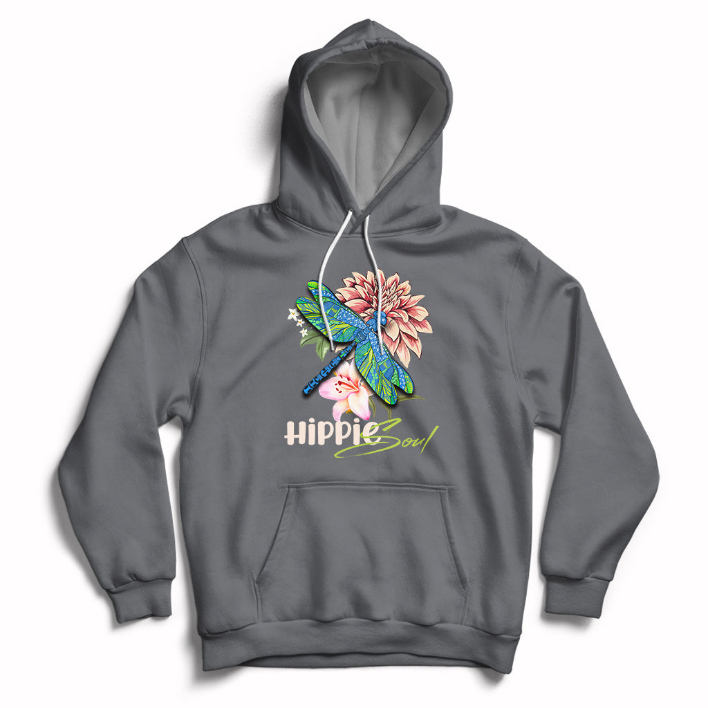 Dark gray hoodie with colorful dragonfly graphic and “Hippie soul” chest print