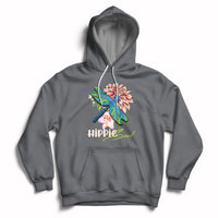 Dark gray hoodie with colorful dragonfly graphic and “Hippie soul” chest print