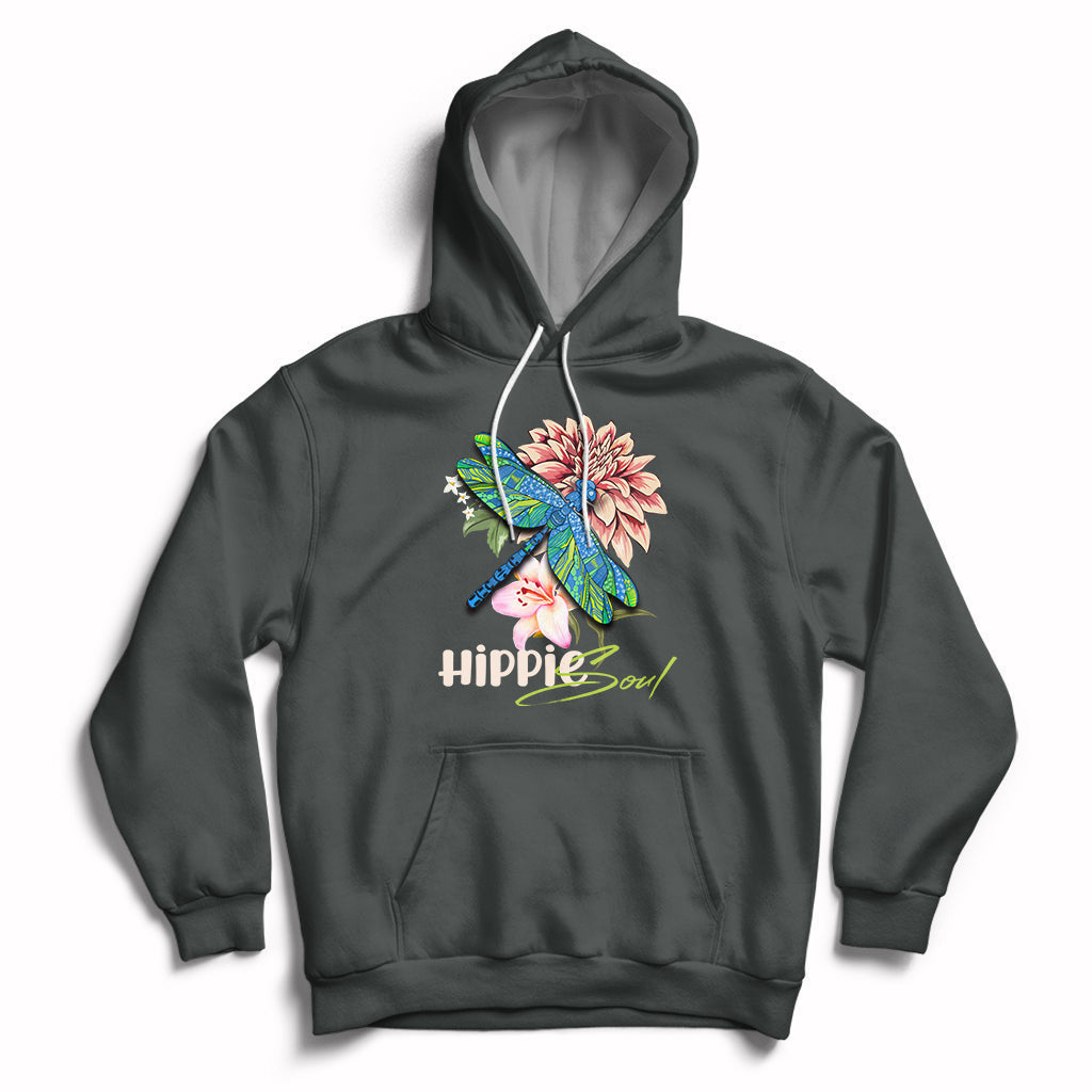 Charcoal gray hoodie with colorful dragonfly graphic and “Hippie soul” chest print