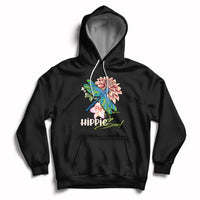 Black hoodie with colorful dragonfly graphic and “Hippie soul” chest print