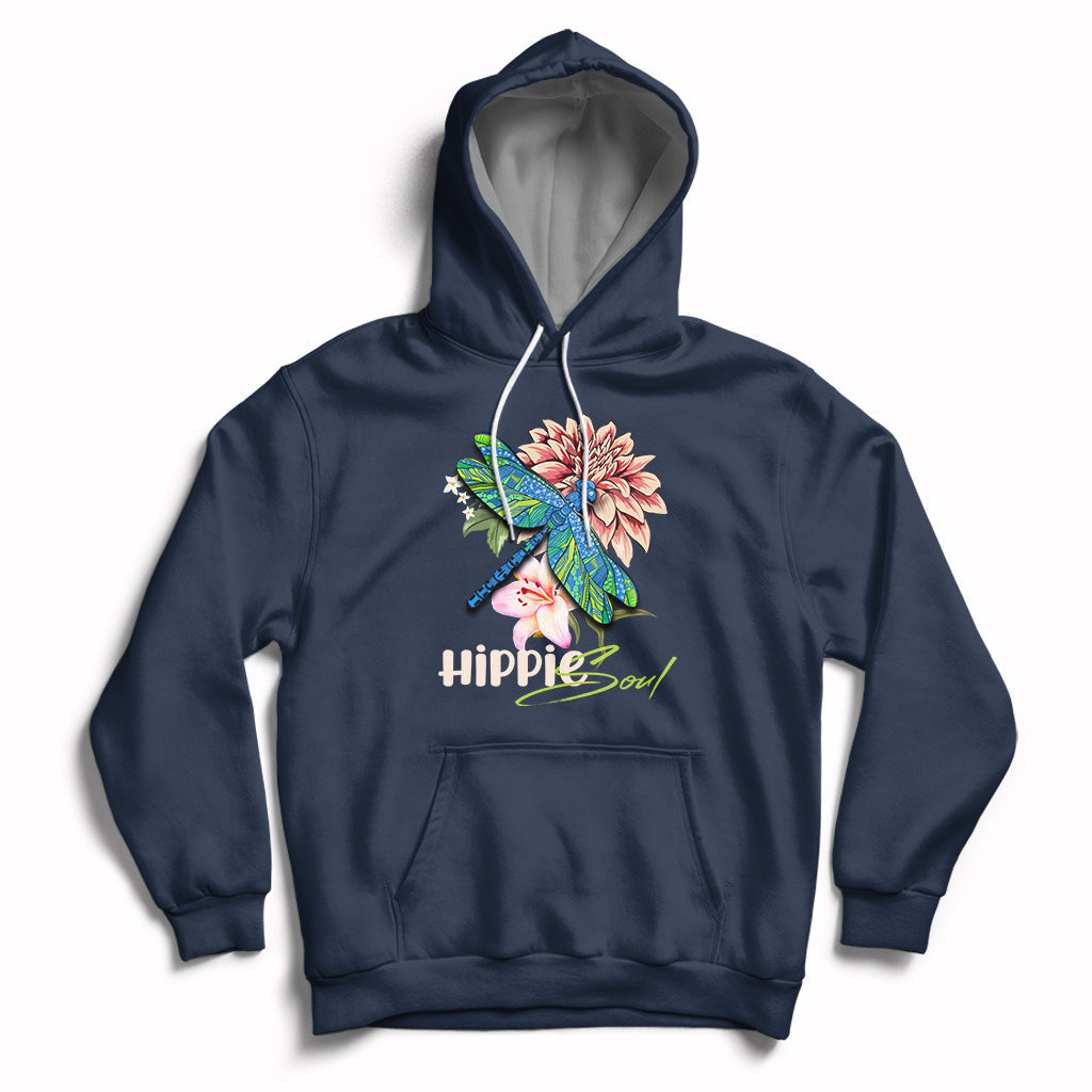 Navy hoodie with colorful dragonfly graphic and “Hippie soul” chest print