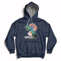 Navy hoodie with colorful dragonfly graphic and “Hippie soul” chest print