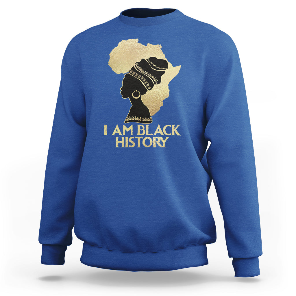 Royal blue crewneck sweatshirt with front graphic of profile and text "I AM BLACK HISTORY".