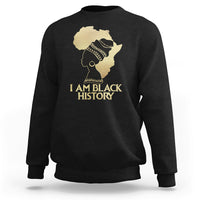 Black crewneck sweatshirt with front graphic of profile and text "I AM BLACK HISTORY".