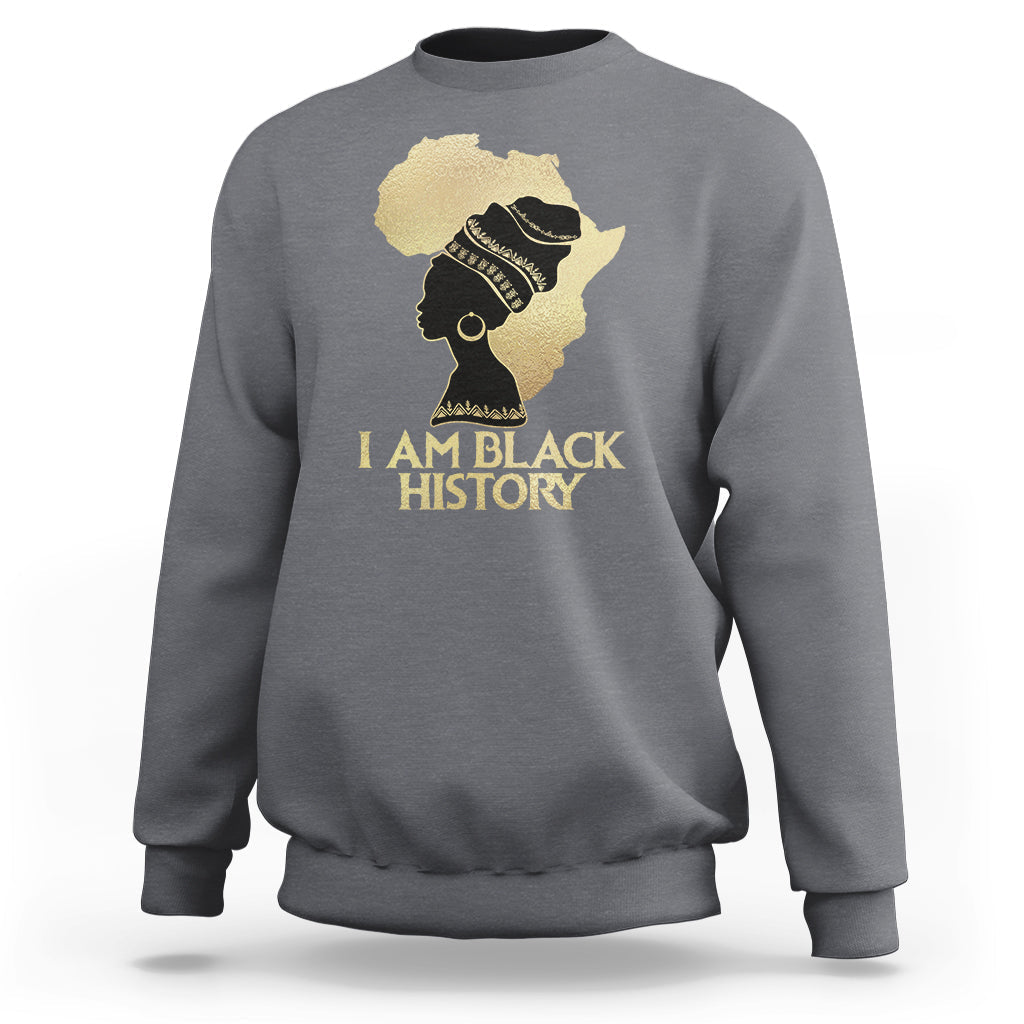 Charcoal gray crewneck sweatshirt with front graphic of profile and text "I AM BLACK HISTORY".