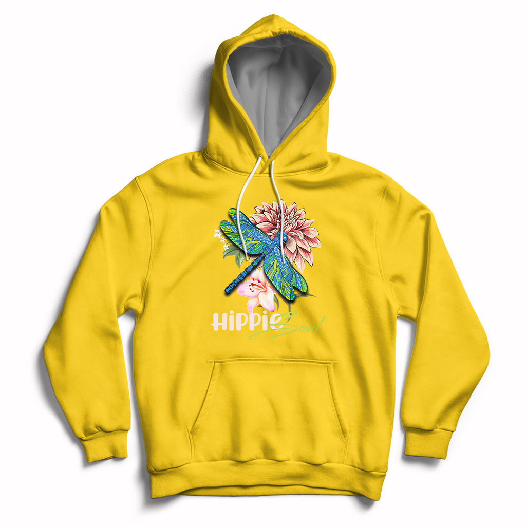 Yellow hoodie with colorful dragonfly graphic and “Hippie soul” chest print
