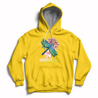 Yellow hoodie with colorful dragonfly graphic and “Hippie soul” chest print