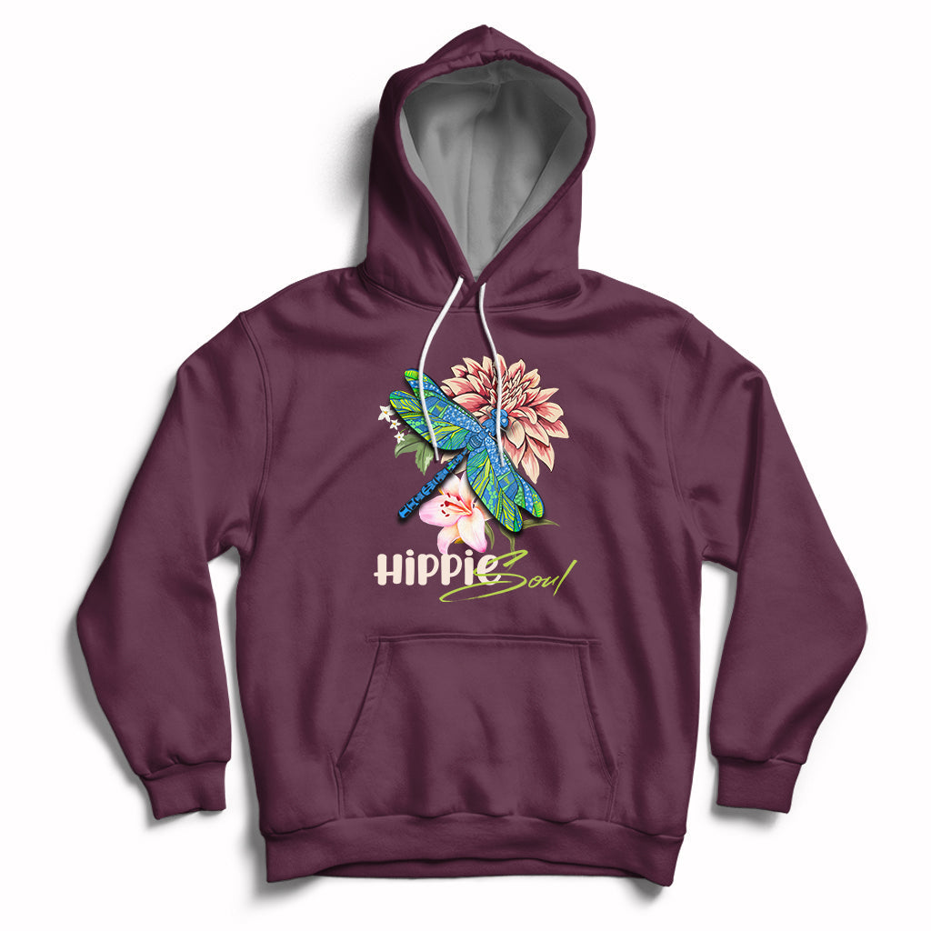 Maroon hoodie with colorful dragonfly graphic and “Hippie soul” chest print