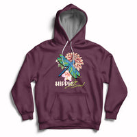 Maroon hoodie with colorful dragonfly graphic and “Hippie soul” chest print