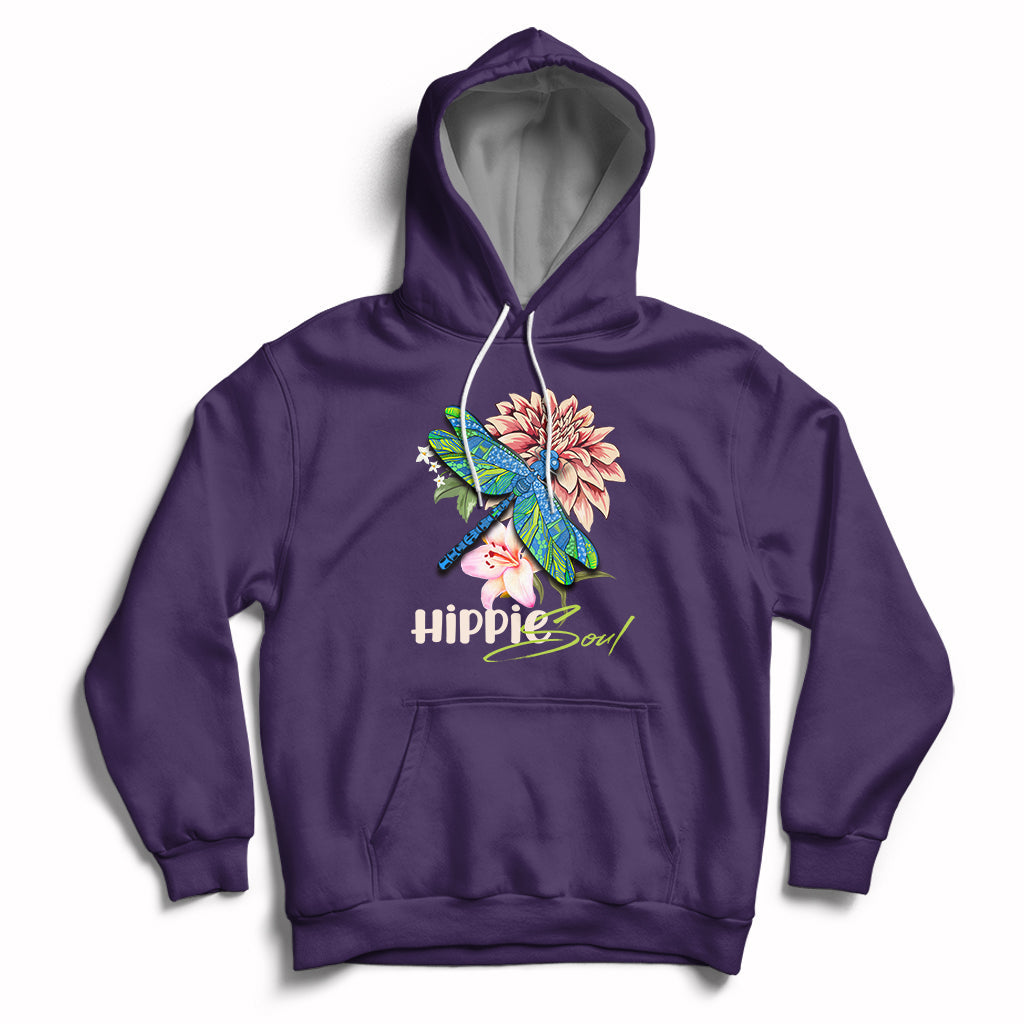Purple hoodie with colorful dragonfly graphic and “Hippie soul” chest print