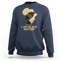 Navy crewneck sweatshirt with front graphic of profile and text "I AM BLACK HISTORY".