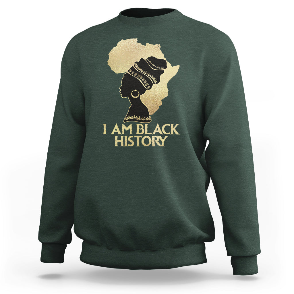 Forest green crewneck sweatshirt with front graphic of profile and text "I AM BLACK HISTORY".