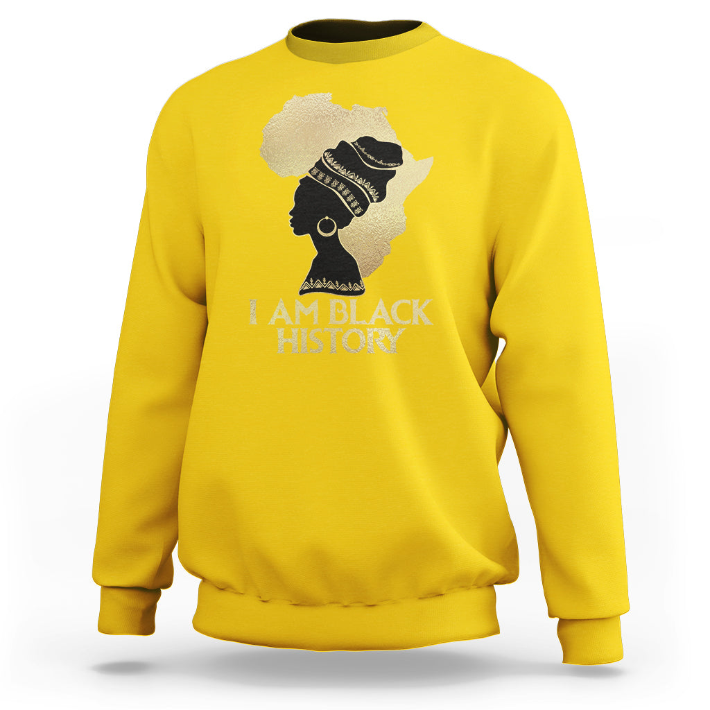 Daisy yellow crewneck sweatshirt with front graphic of profile and text "I AM BLACK HISTORY".