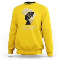 Daisy yellow crewneck sweatshirt with front graphic of profile and text "I AM BLACK HISTORY".