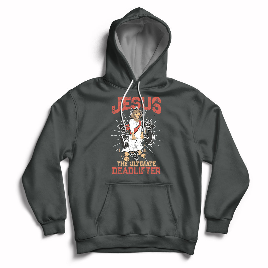 Dark gray pullover hoodie with front Jesus lifting graphic and hood pouch pocket.