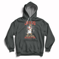 Dark gray pullover hoodie with front Jesus lifting graphic and hood pouch pocket.