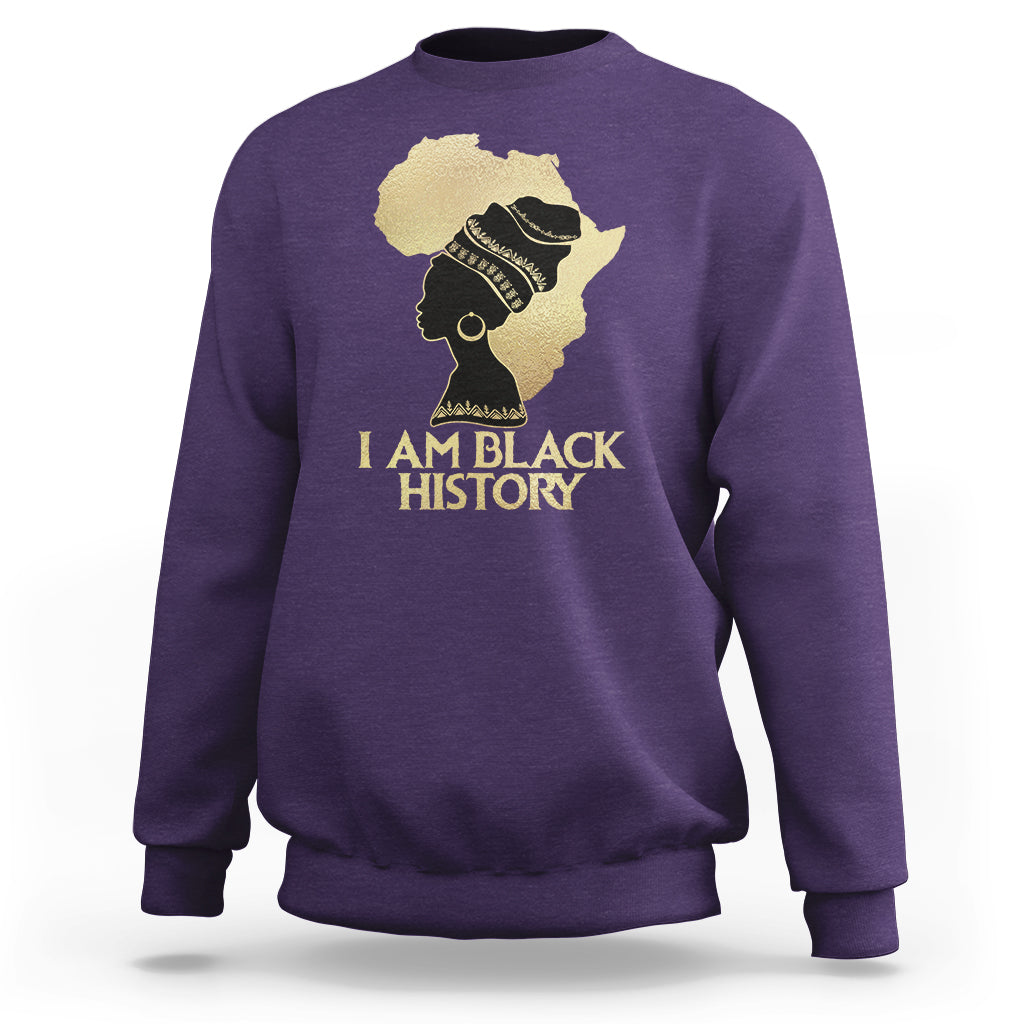 Purple crewneck sweatshirt with front graphic of profile and text "I AM BLACK HISTORY".