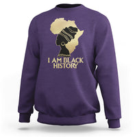 Purple crewneck sweatshirt with front graphic of profile and text "I AM BLACK HISTORY".