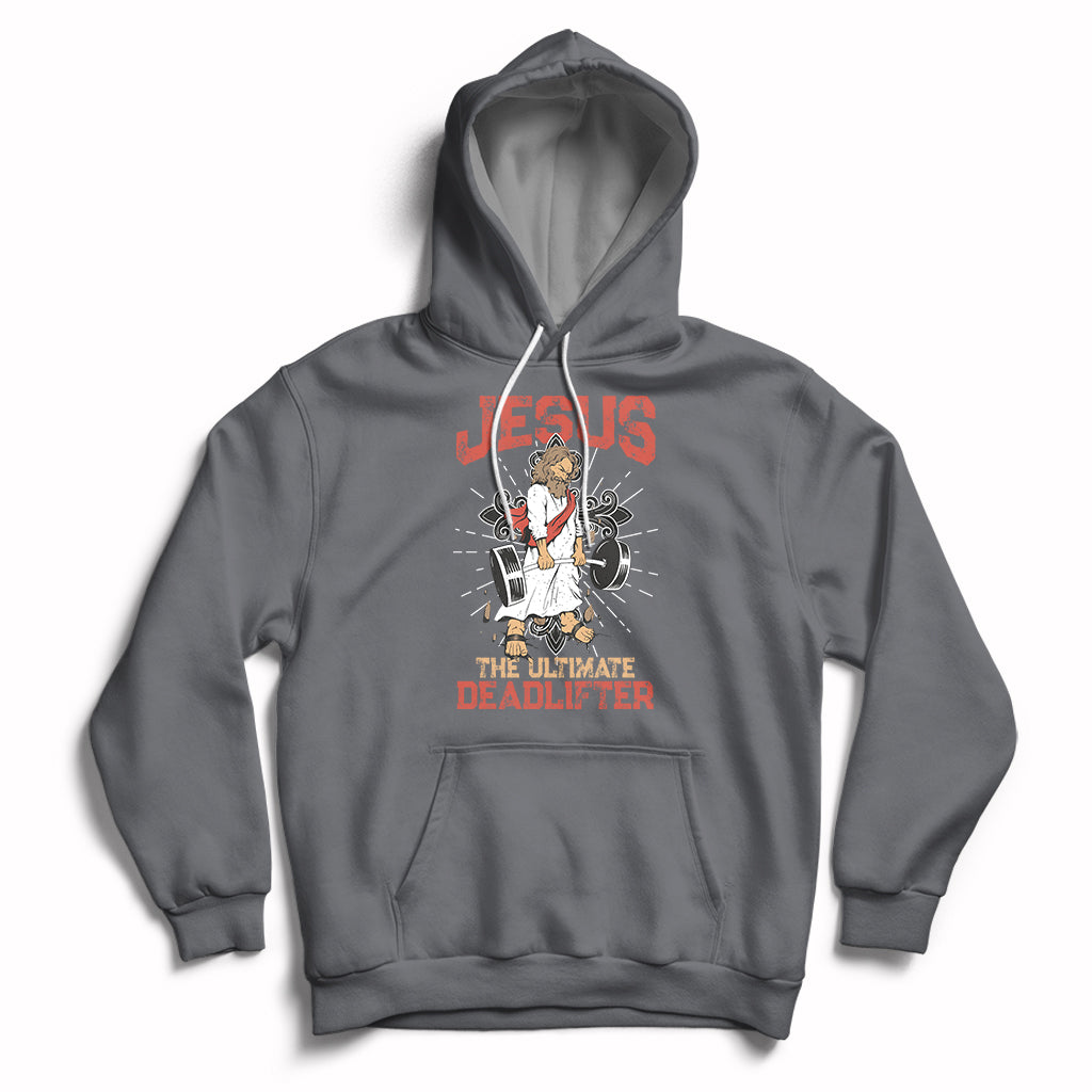 Charcoal pullover hoodie with front Jesus lifting graphic and hood pouch pocket.