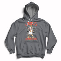 Charcoal pullover hoodie with front Jesus lifting graphic and hood pouch pocket.