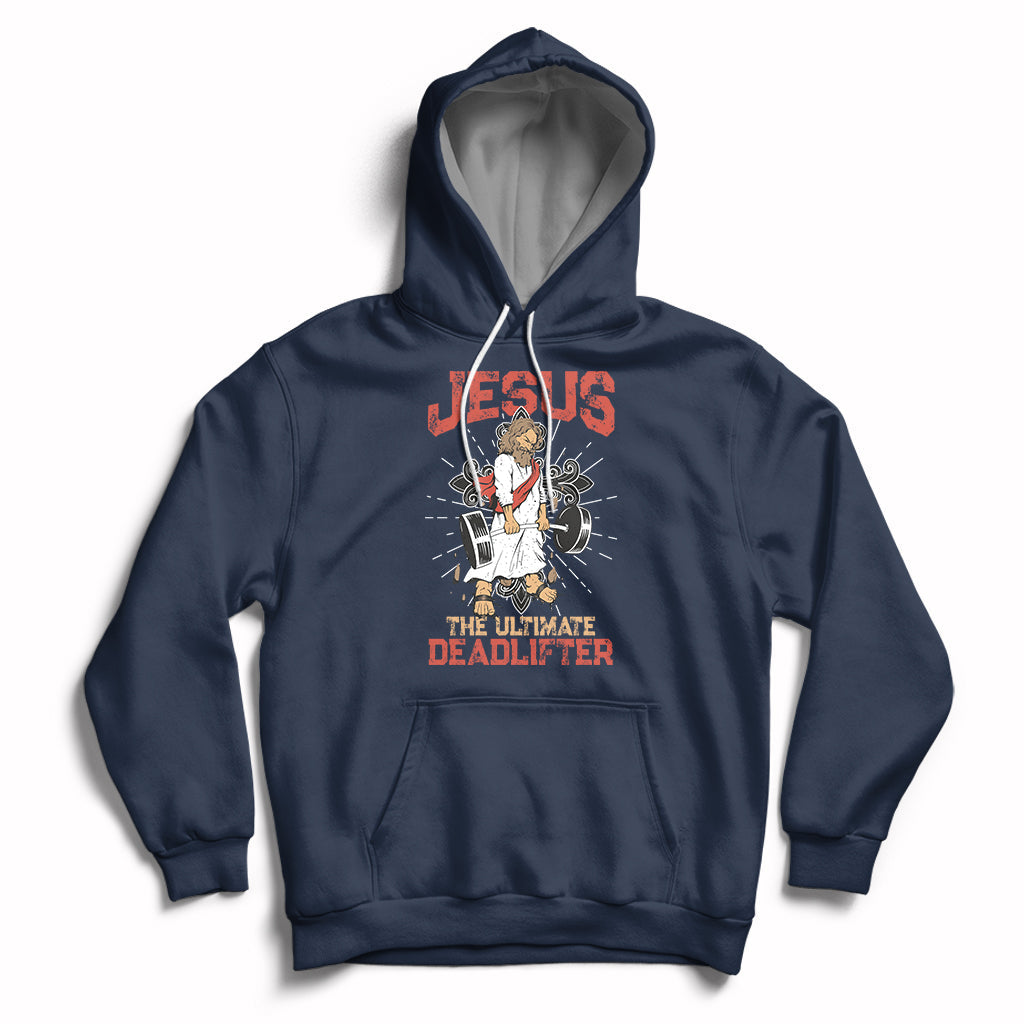 Navy pullover hoodie with front Jesus lifting graphic and hood pouch pocket.