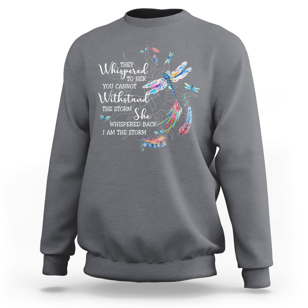 Light gray adult crewneck sweatshirt with colorful dragonfly graphic on the front