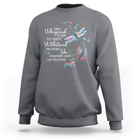 Light gray adult crewneck sweatshirt with colorful dragonfly graphic on the front