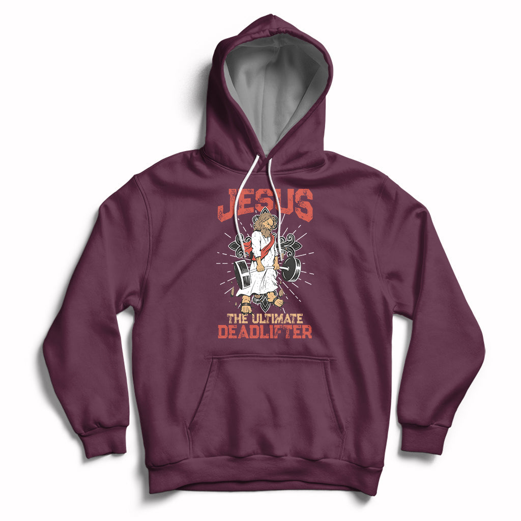Maroon pullover hoodie with front Jesus lifting graphic and hood pouch pocket.