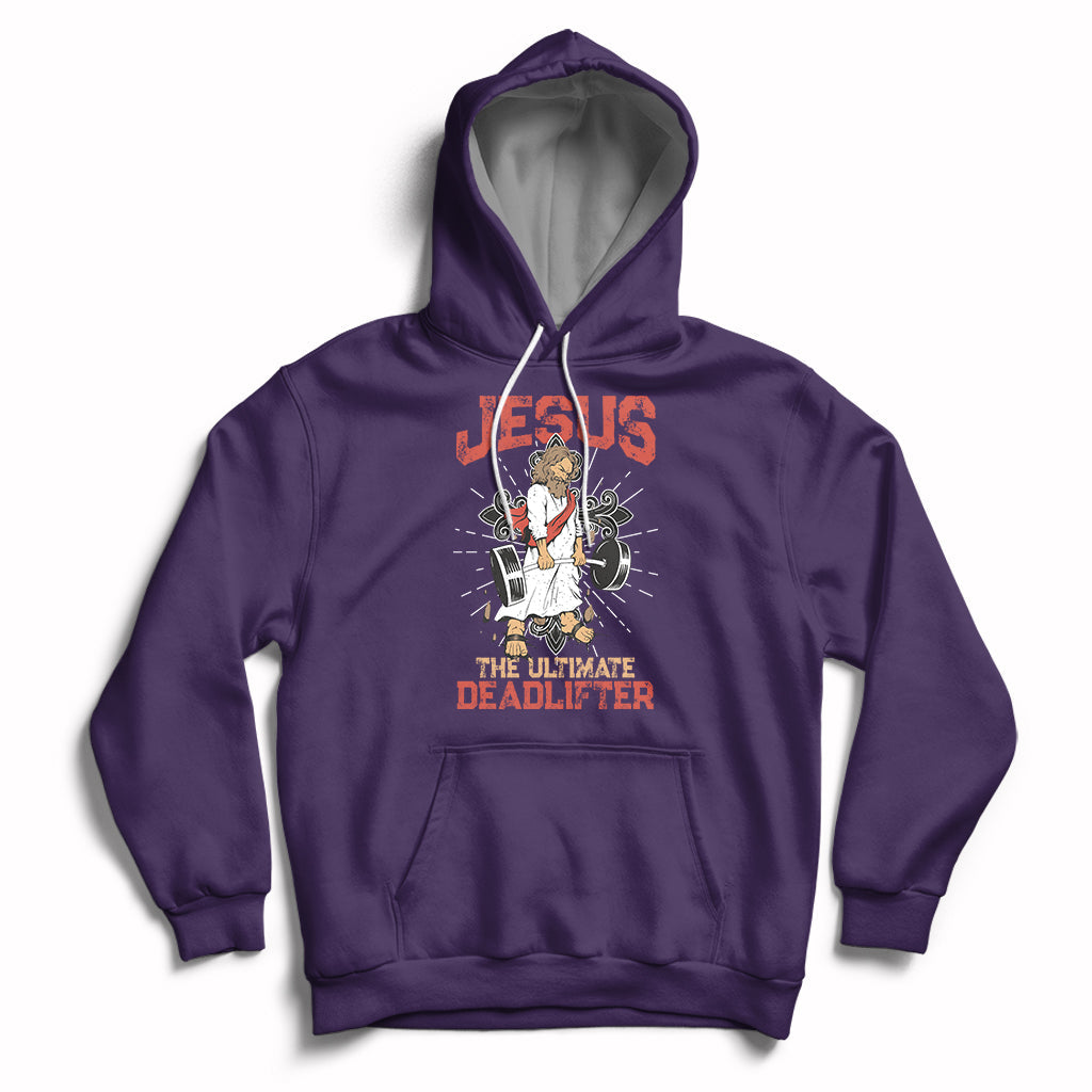 Purple pullover hoodie with front Jesus lifting graphic and hood pouch pocket.