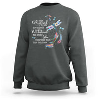Dark gray adult crewneck sweatshirt with colorful dragonfly graphic on the front