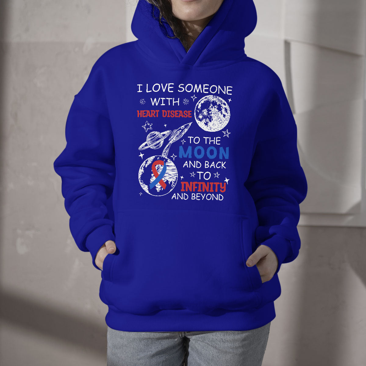 Royal blue pullover hoodie with heart disease moon and infinity graphic