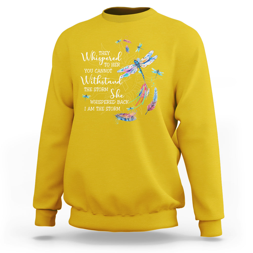 Mustard yellow adult crewneck sweatshirt with colorful dragonfly graphic on the front