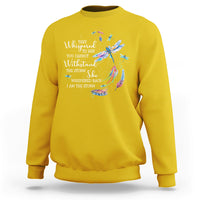 Mustard yellow adult crewneck sweatshirt with colorful dragonfly graphic on the front