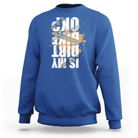 Royal blue crewneck sweatshirt with distressed front graphic print, long sleeves and ribbed cuffs