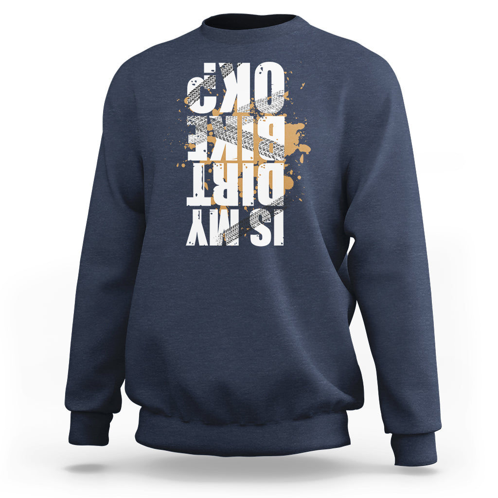 Dark blue crewneck sweatshirt with distressed front graphic print, long sleeves and ribbed cuffs