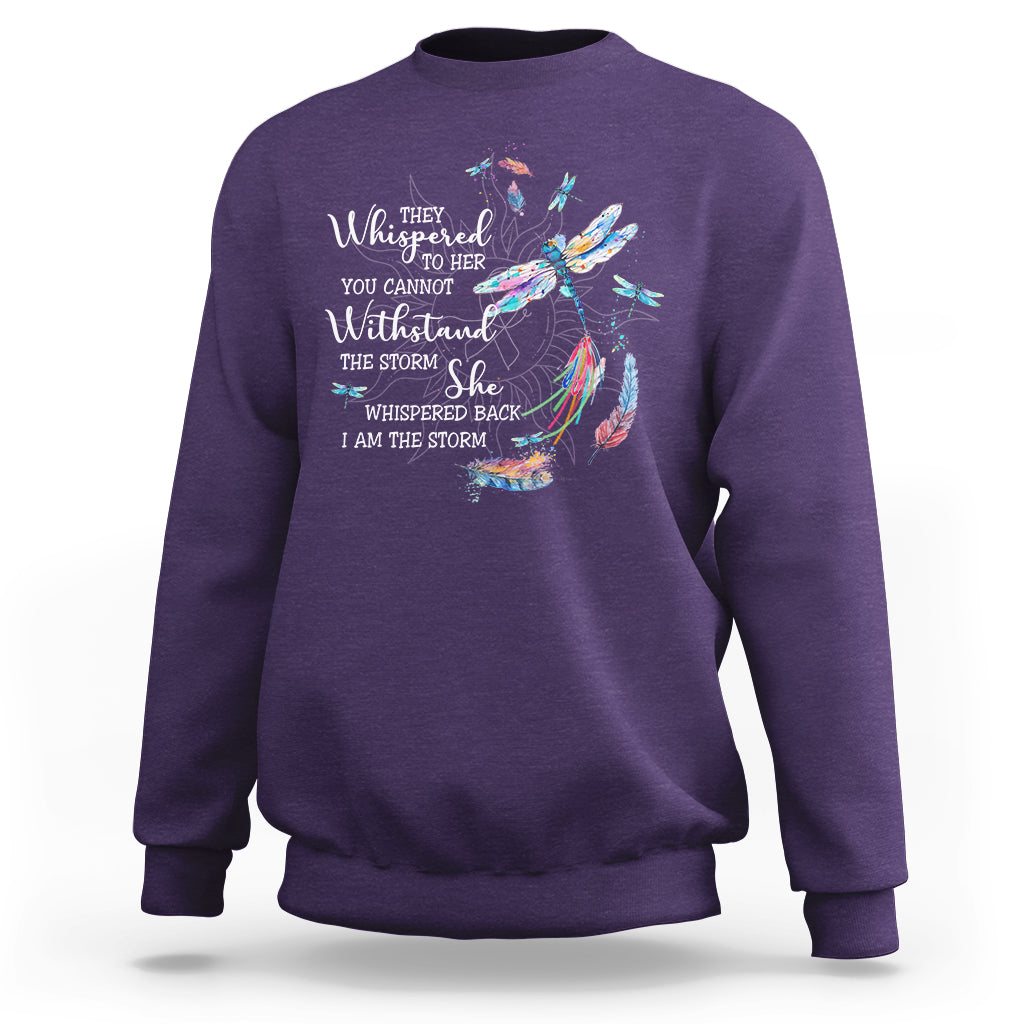Purple adult crewneck sweatshirt with colorful dragonfly graphic on the front