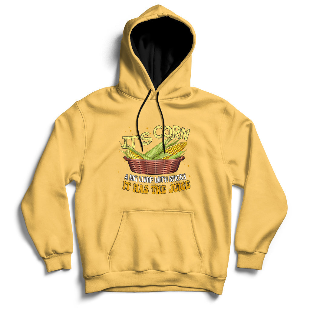 Yellow corn-themed pullover hoodie with front corn graphic and kangaroo pocket