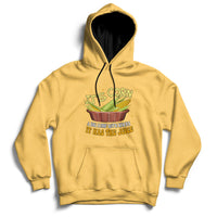 Yellow corn-themed pullover hoodie with front corn graphic and kangaroo pocket