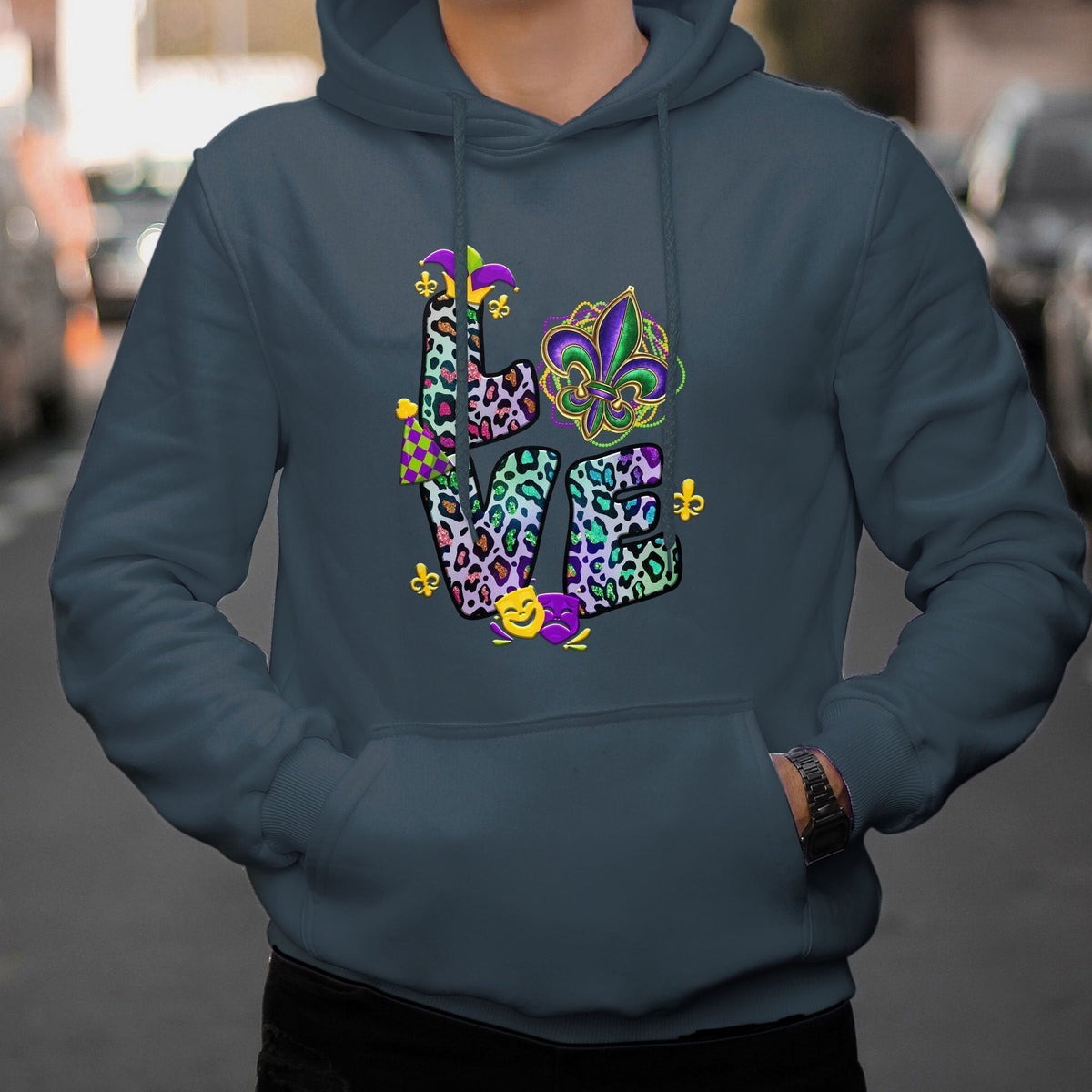 Love Mardi Gras Leopard Mardi Gras Costume Carnival Beads And Bling Hoodie - Wonder Print Shop