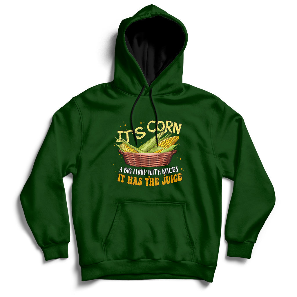Forest green corn-themed pullover hoodie with front corn graphic and kangaroo pocket