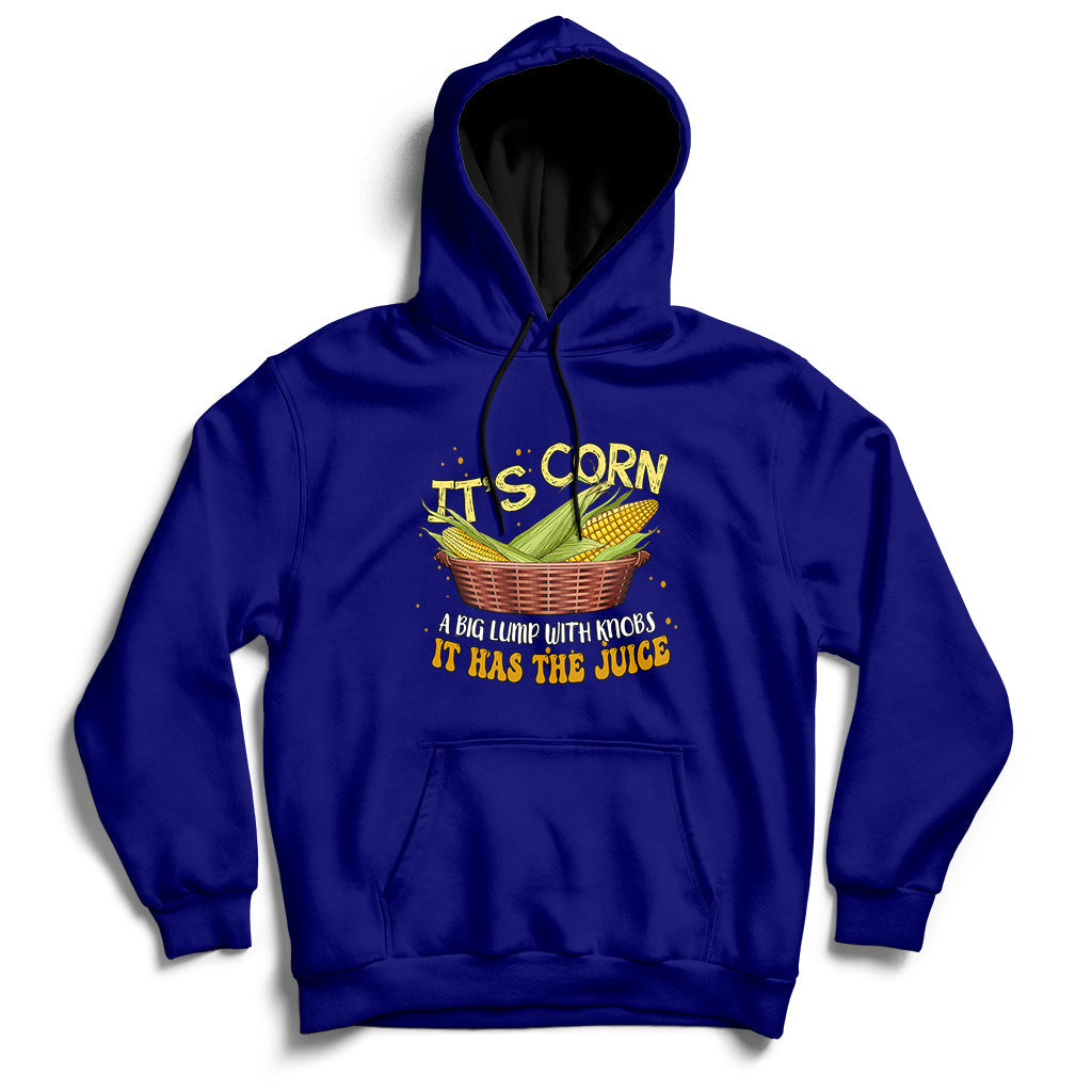 Navy corn-themed pullover hoodie with front corn graphic and kangaroo pocket