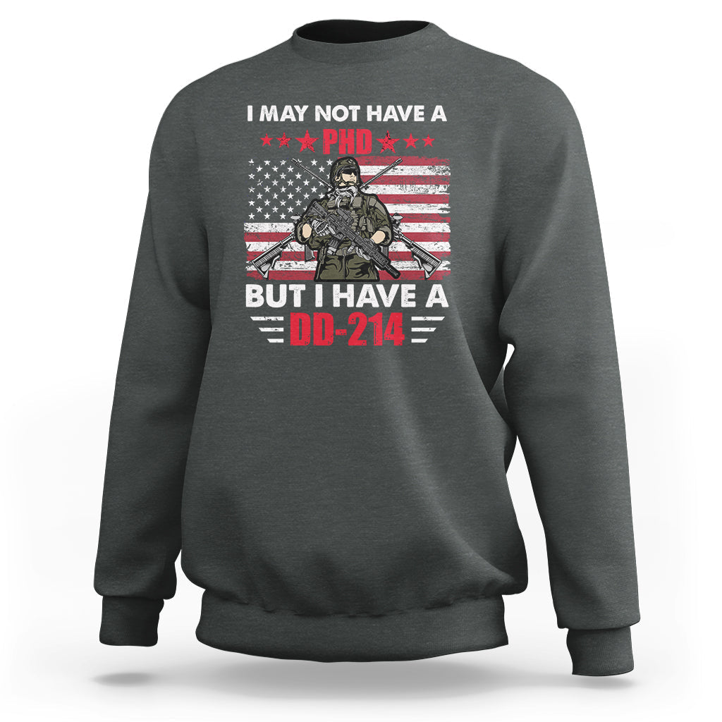 Dark heather crewneck sweatshirt with veterans eagle graphic and DD-214 text, long sleeves