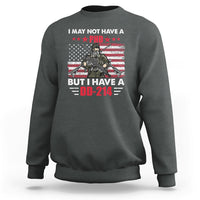 Dark heather crewneck sweatshirt with veterans eagle graphic and DD-214 text, long sleeves