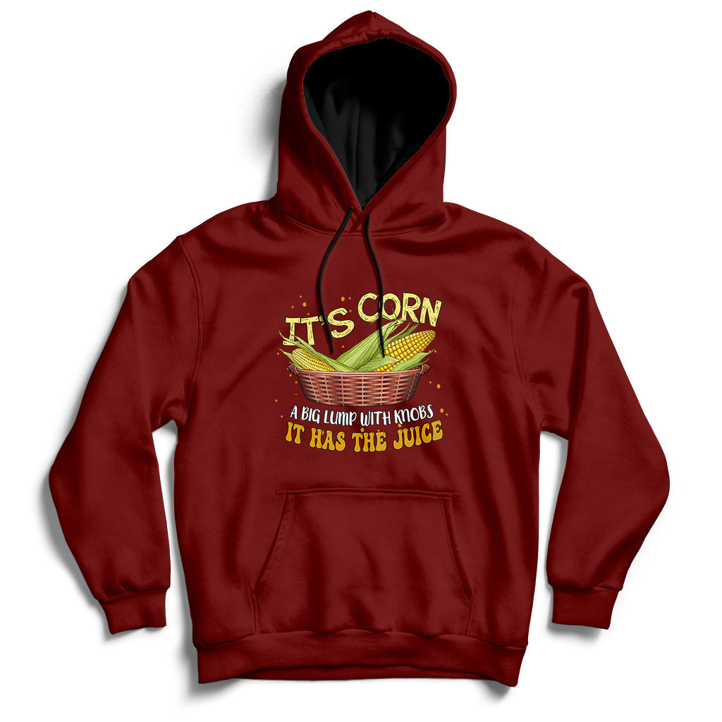 Maroon corn-themed pullover hoodie with front corn graphic and kangaroo pocket
