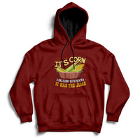 Maroon corn-themed pullover hoodie with front corn graphic and kangaroo pocket